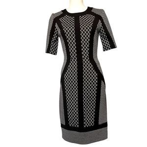 BCBGMaxAzria  SHORT SLEEVE DRESS SIZE 6 BLACK AND WHITE CAMELLIA DIAMOND PATTERN